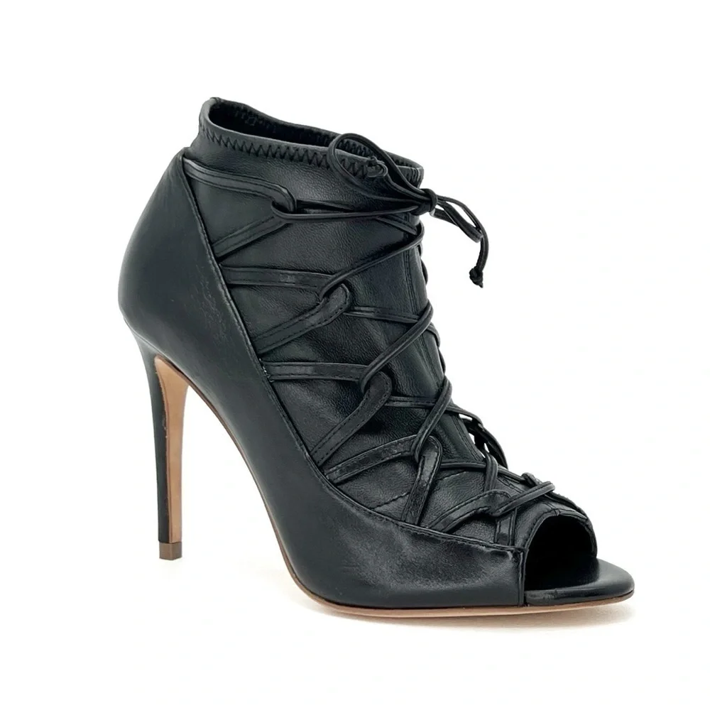 Elie Tahari Orin Heeled Booties Size 6.5 Black Leather Peep Toe Laced EUC
